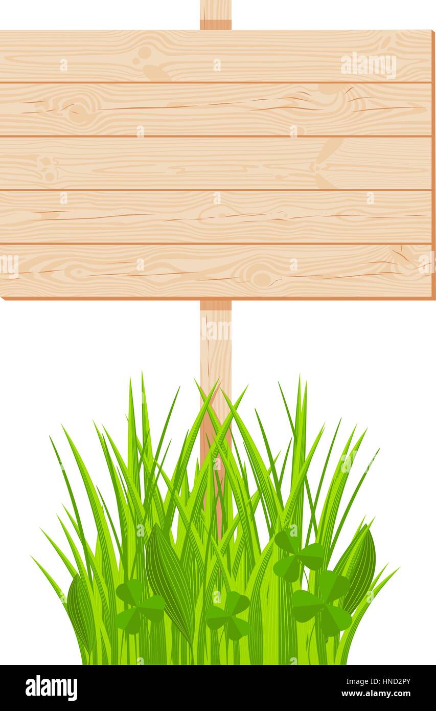 Wooden planks signboard with knots and cracks on a pole at the grass lawn vector illustration Stock Vector