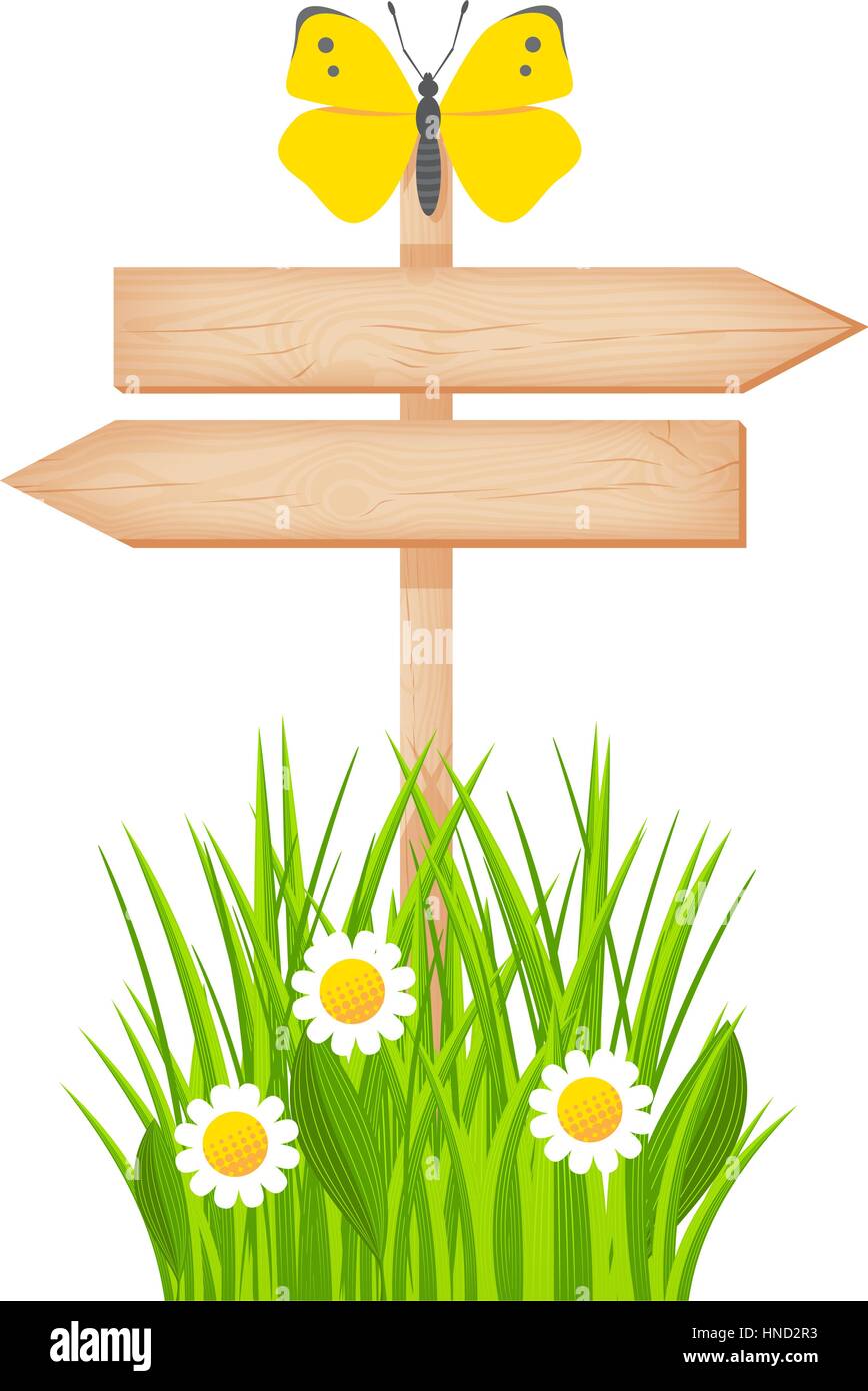 Wooden two arrows signboard with knots and cracks on a pole at the grass lawn with flowers and butterfly vector illustration Stock Vector