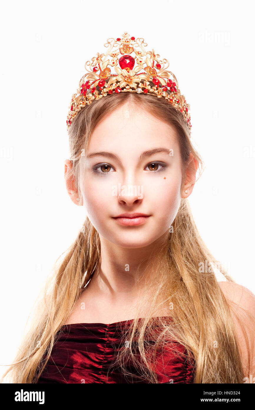 Girl with Blond Hair in Red Dress and Crown on her Head Stock Photo - Alamy