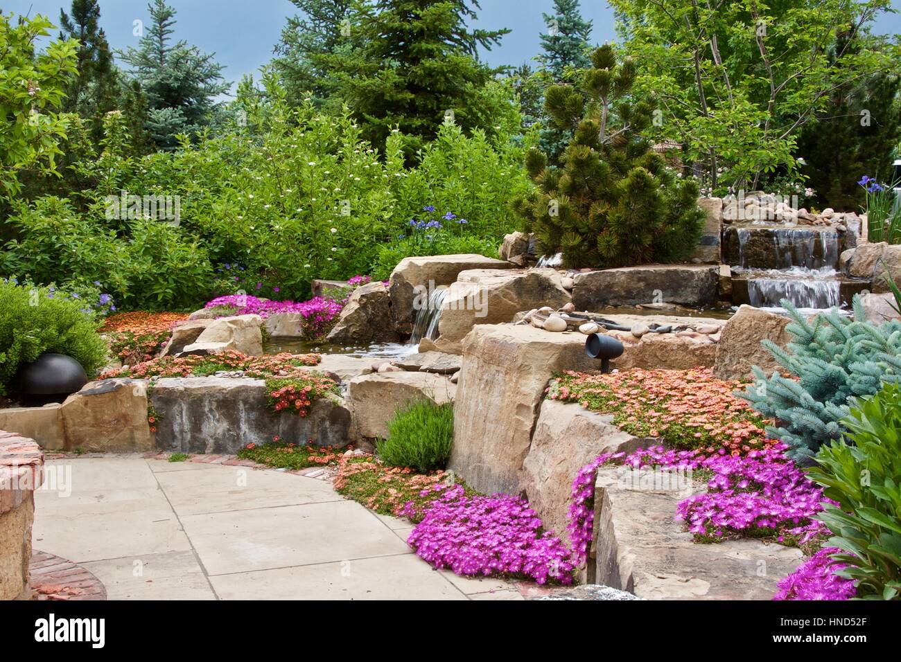 A rock garden flowing over with ice plant Stock Photo