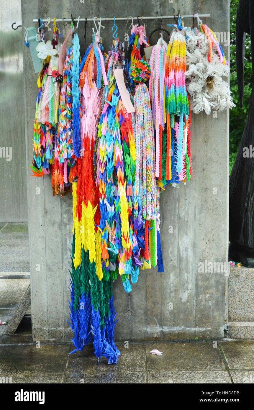 Colourful paper cranes hanging in Hiroshima Peace Park, Japan Stock Photo