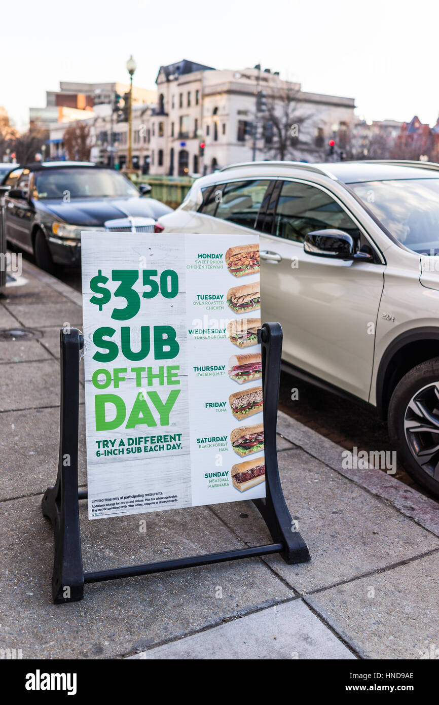 Washington DC, USA - February 5, 2017: Subway fast food restaurant sub of the day sign on Dupont circle Stock Photo