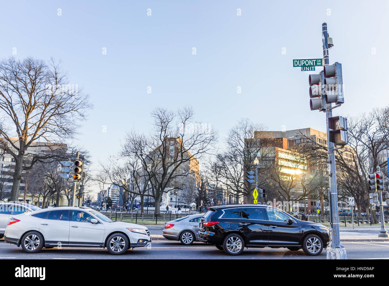 Washington DC, USA - February 5, 2017: Dupont circle with street sign and cars in winter Stock Photo