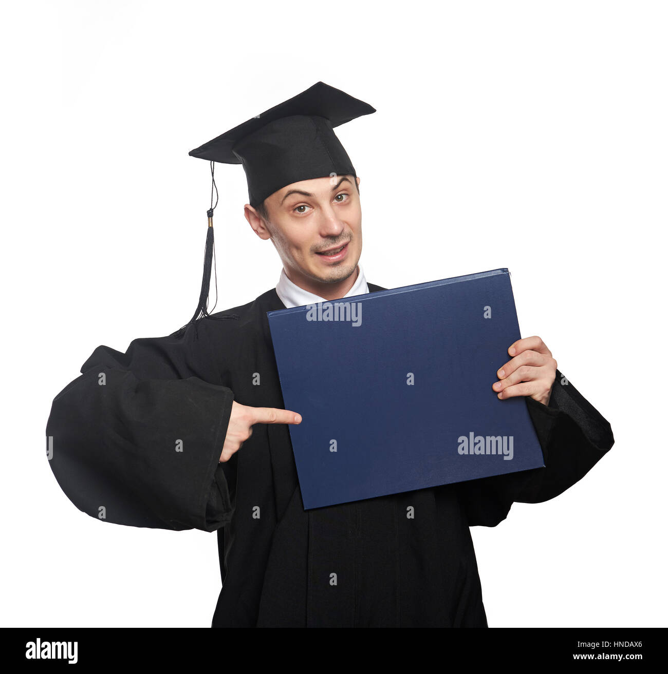 graduation student point on diploma with finger isolated on white Stock Photo