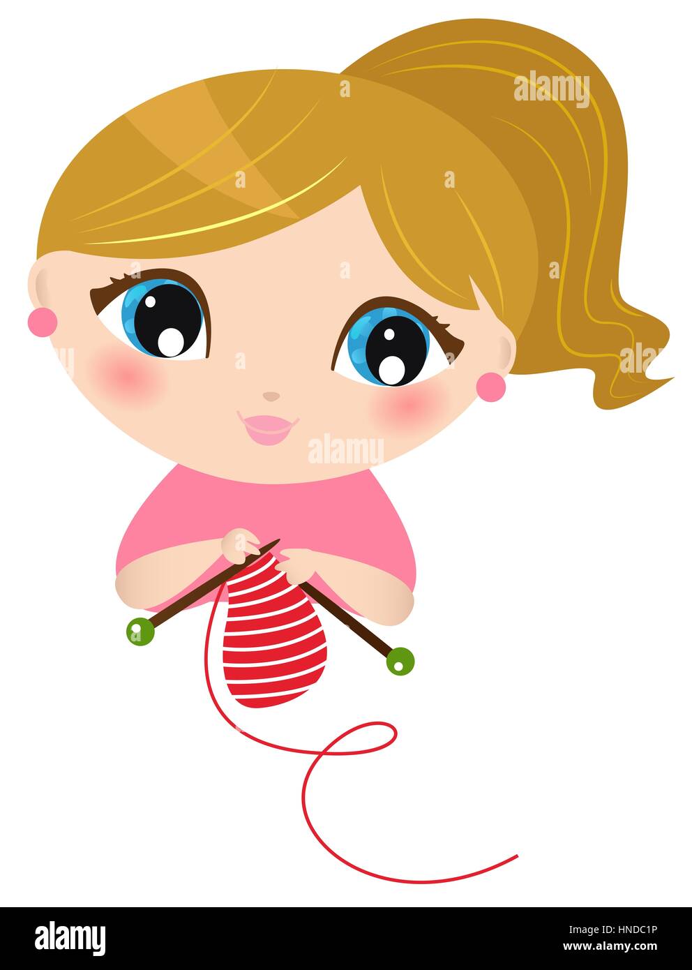Cute young girl knitting scarf. Hand-drawn original illustration Stock Photo