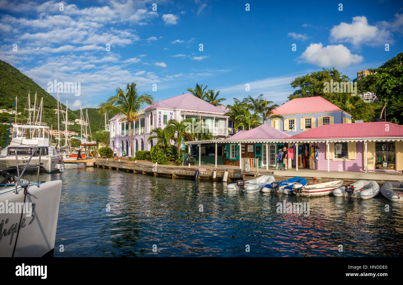 Colorful waterfront buildings, Pusser's Landing yacht Harbour, Tortola