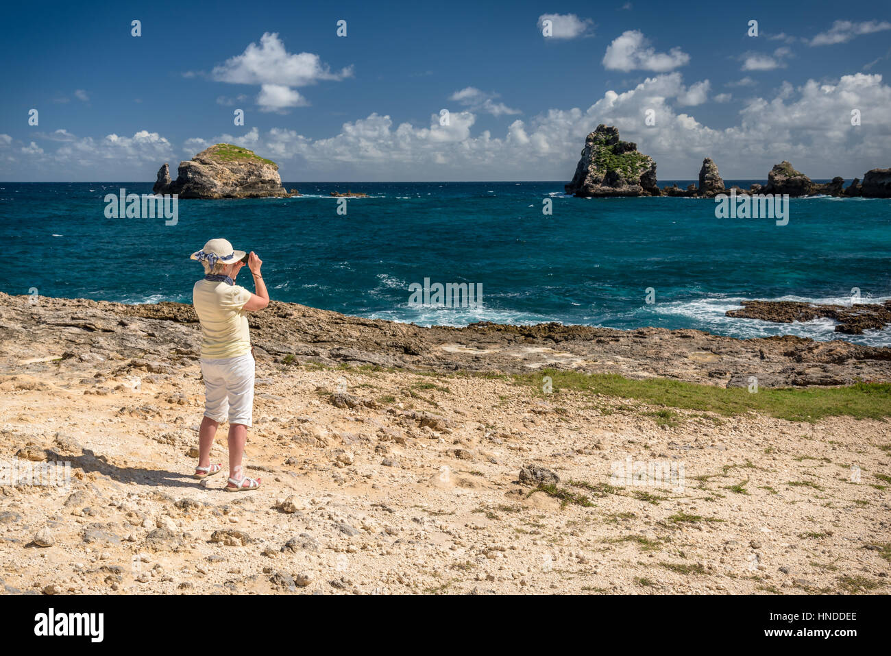 Woman taking photograph of beach scene, Basse-Terre Island , Guadeloupe Stock Photo