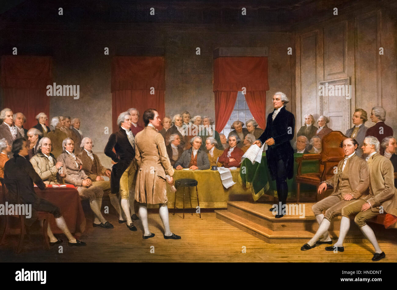 George Washington at the signing of the US Constitution. Painting entitled 'Washington as Statesman at the Constitutional Convention' by Junius Brutus Stearns, oil on canvas, 1856. The painting shows future President George Washington at the Constitutional Convention which took place from 25th May to 17th September 1787, in Philadelphia, Pennsylvania. The Convention established the Constitution of the United States. Stock Photo