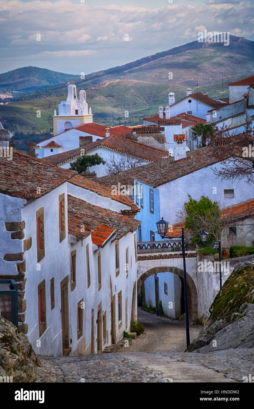 old white house and small streets in Marvao, alentejo, Portugal Stock Photo