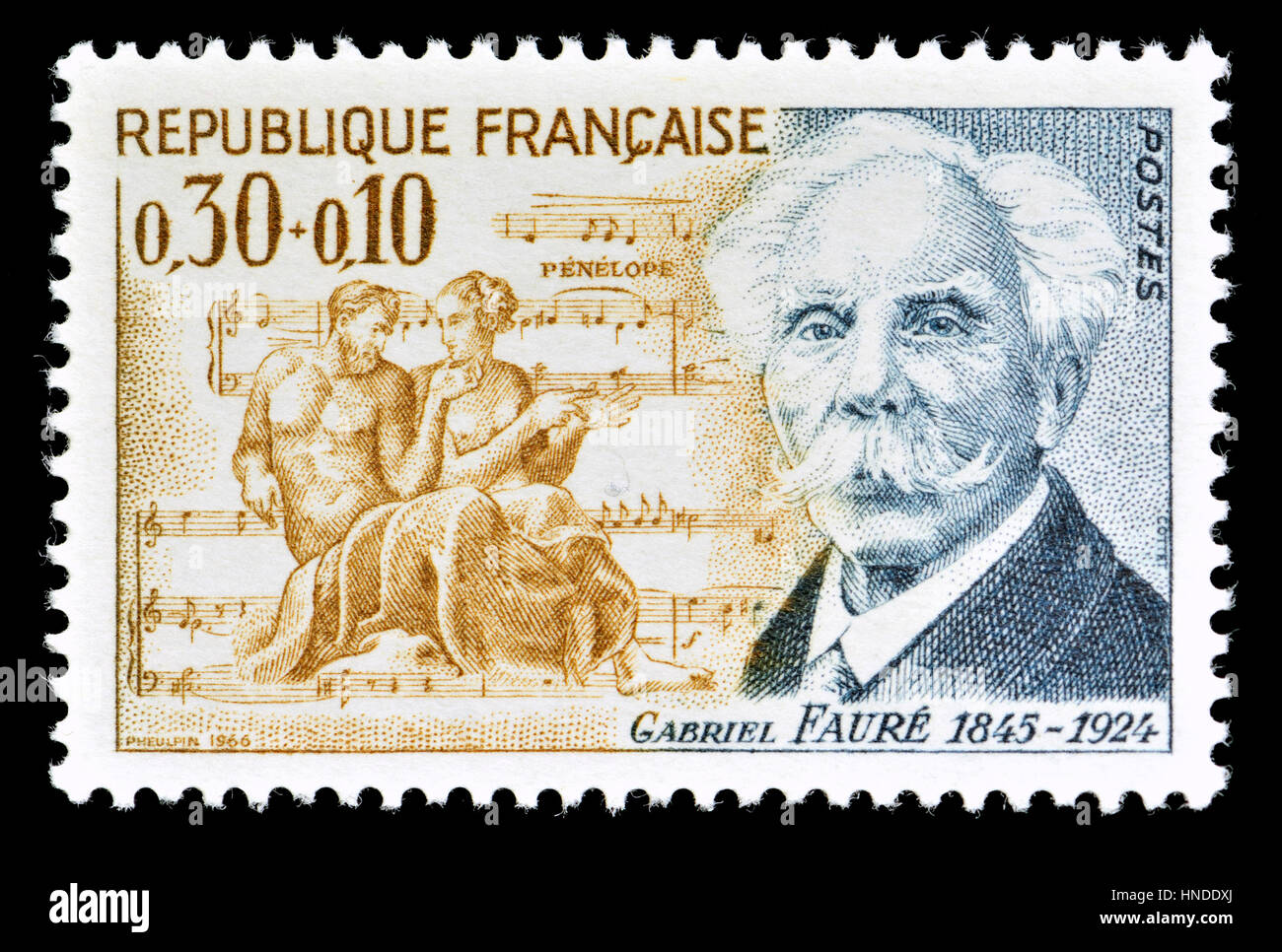 French postage stamp (1966): Gabriel Urbain Fauré (1845 – 1924) French Romantic composer, organist, pianist and teacher.   10c surcharge in aid of the Stock Photo