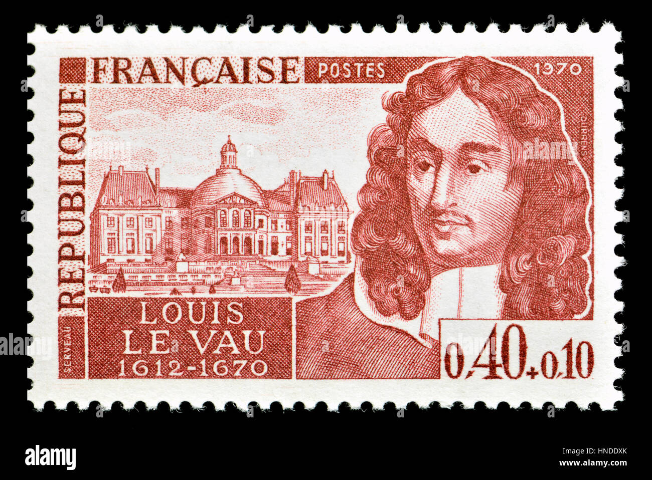French postage stamp (1970): Louis Le Vau (1612 – 1670) French Classical architect who worked for Louis XIV. Stock Photo