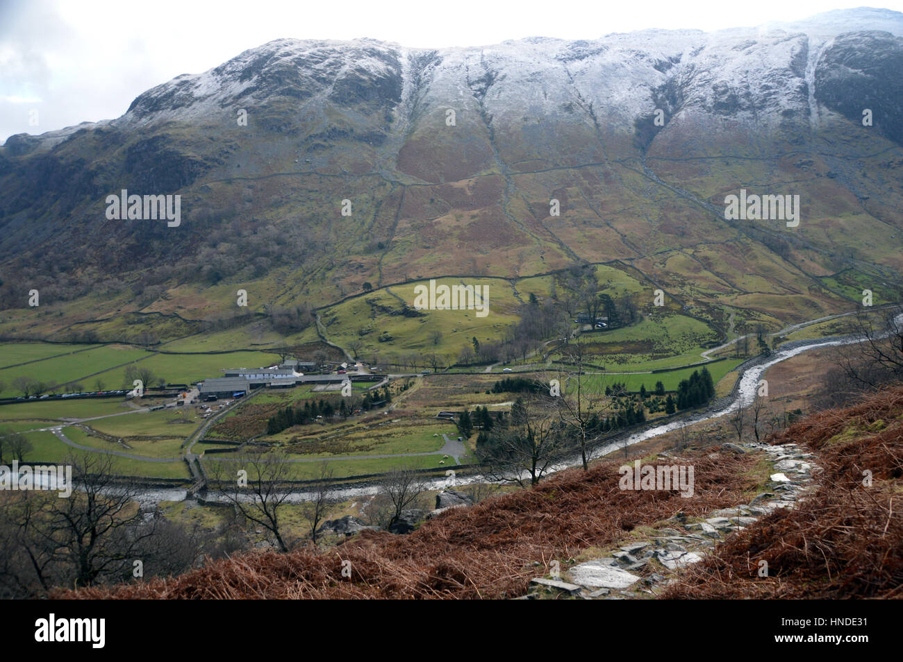 Thornythwaite Fell & Glaramara Above Seathwaite in Borrowdale from the top of Sour Milk Gill Waterfall,Lake District National Park, Cumbria, UK. Stock Photo