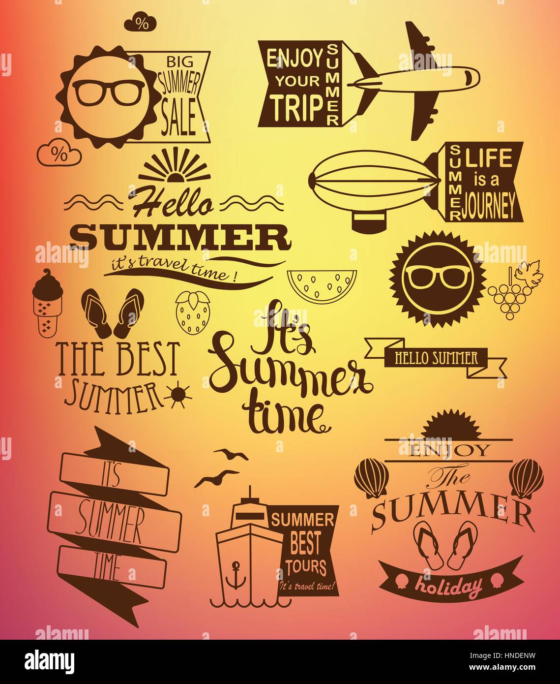 Summer holidays design elements and typography set. Retro and vintage templates. Labels and Badges, Posters. Vector set. Hello summer and holiday, sum Stock Vector