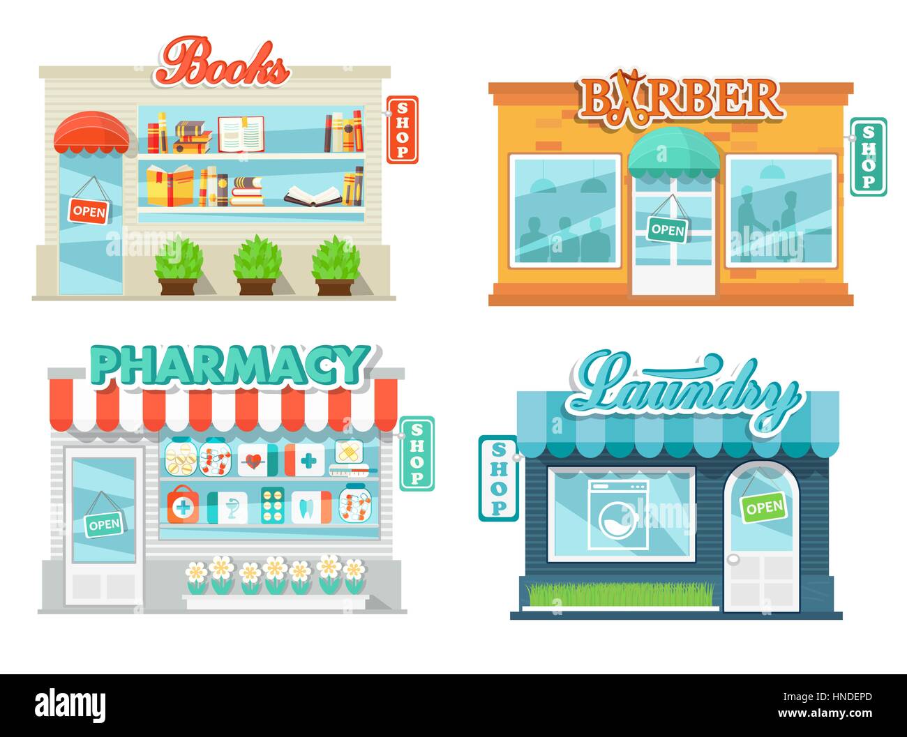 Shops and stores icons set in flat design style. Laundry, shop book, pharmacy and barbershop. Vector illustration. Stock Vector