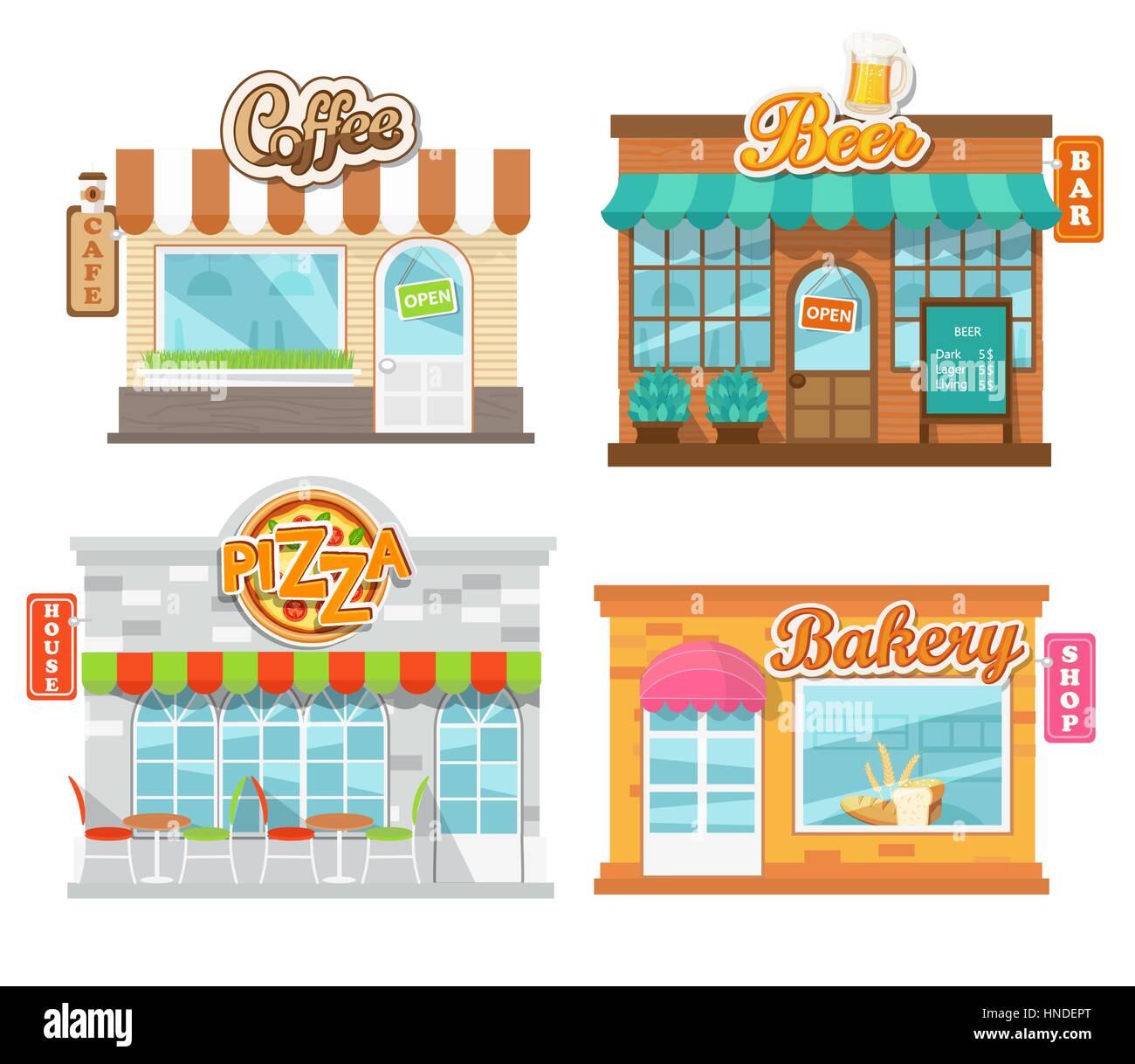 Vector illustration flat cafes and shop: pizza house, beer bar, coffee cafe and bakery shop. Stock Vector
