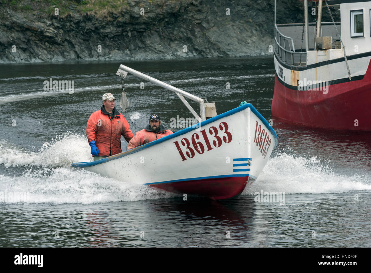 Lobster boat speeding into harbour with the morning catch, Trout River