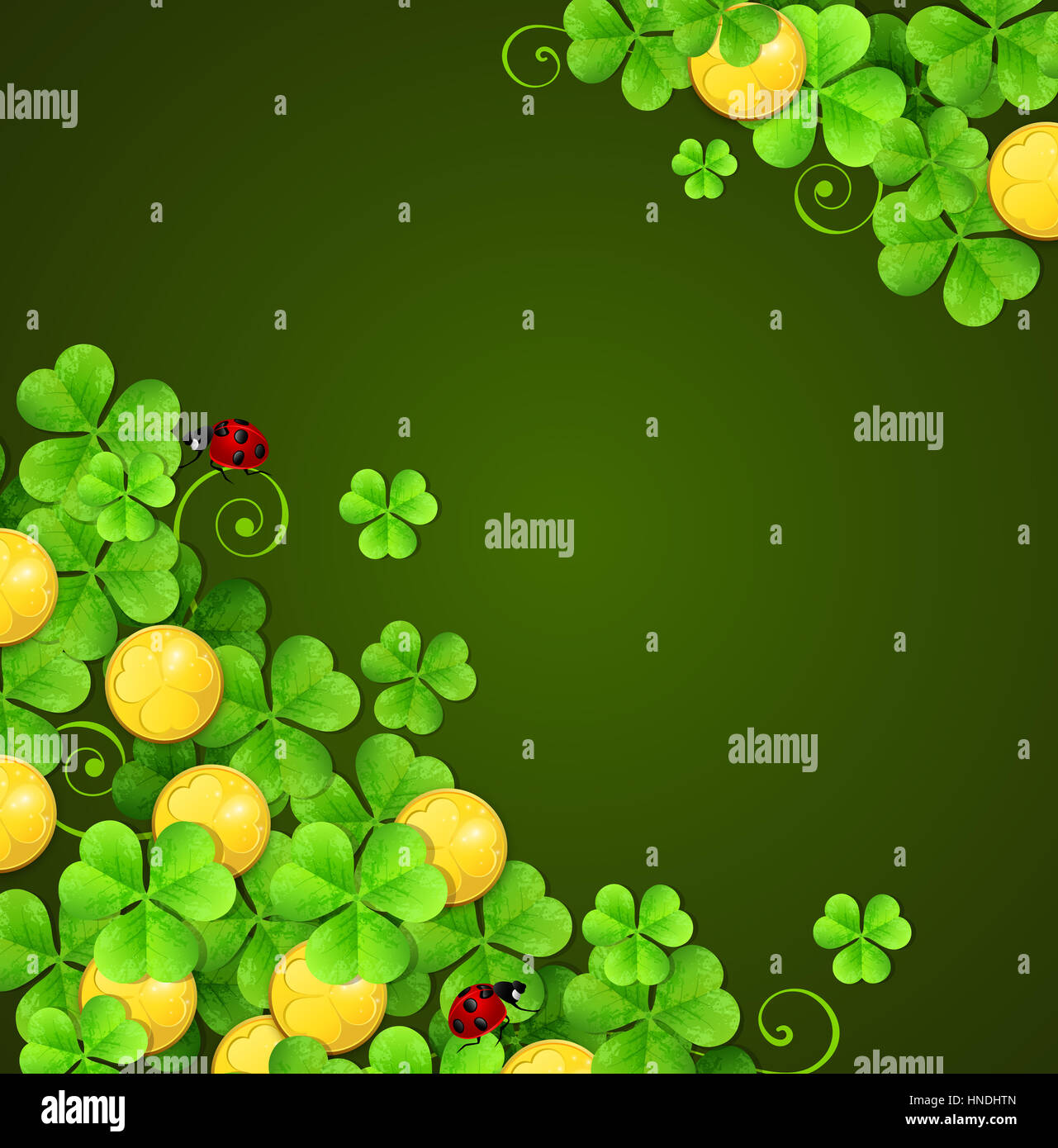 Green abstract background with clover leaves and golden coins for St ...