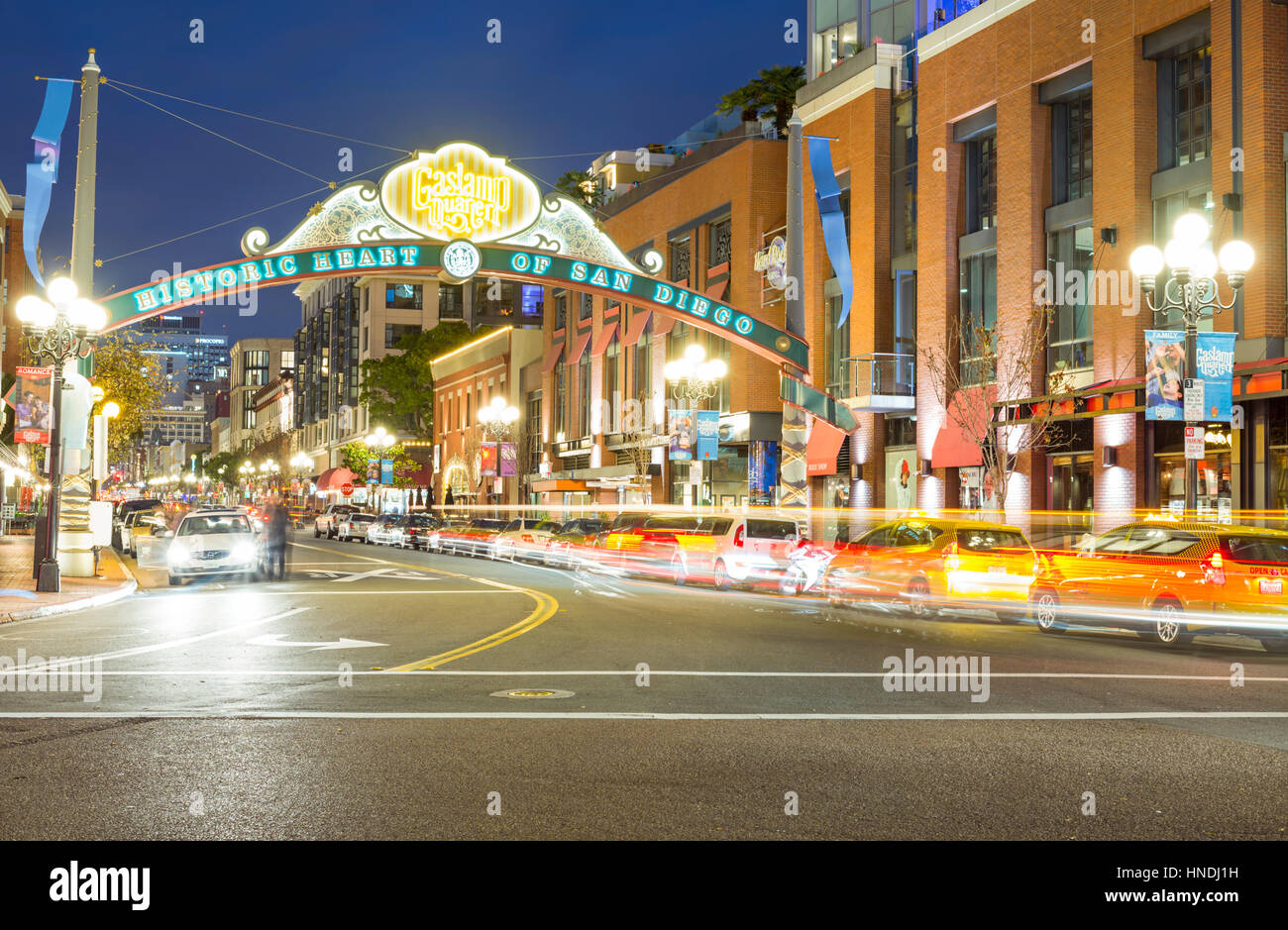 Gaslamp Quarter neon sign, looking down 5th Avenue at night. Downtown