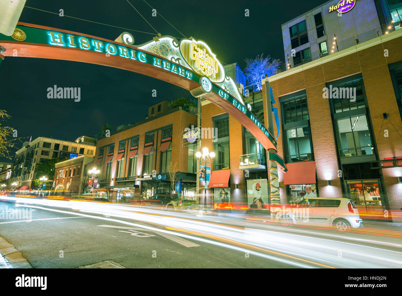 Gaslamp Quarter neon sign, looking down 5th Avenue at night. Downtown