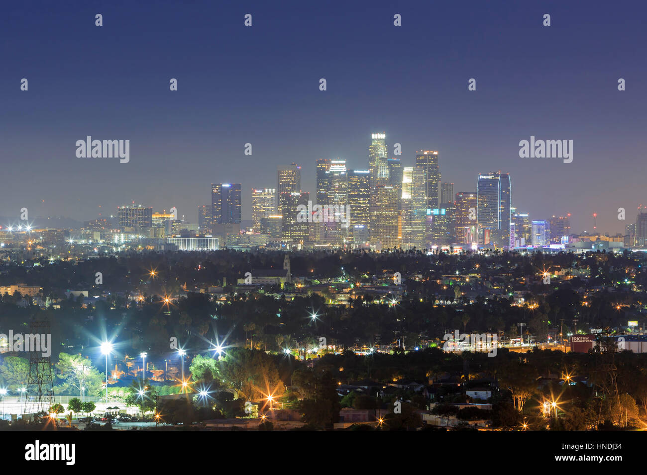 Night view of Los Angeles downtown skyline from Baldwin Hills Scenic Overlook Stock Photo