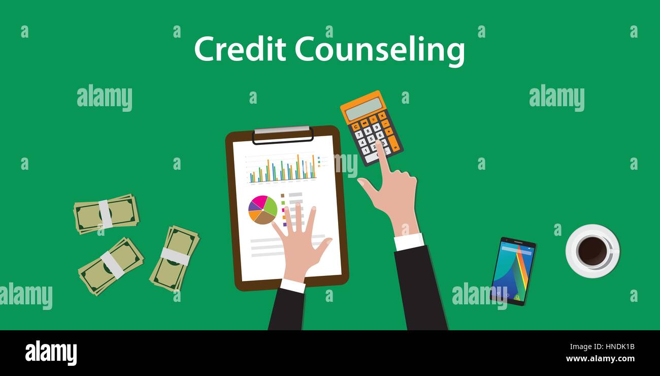 credit counseling concept illustration with a man counting on a paperworks and using a calculator Stock Vector