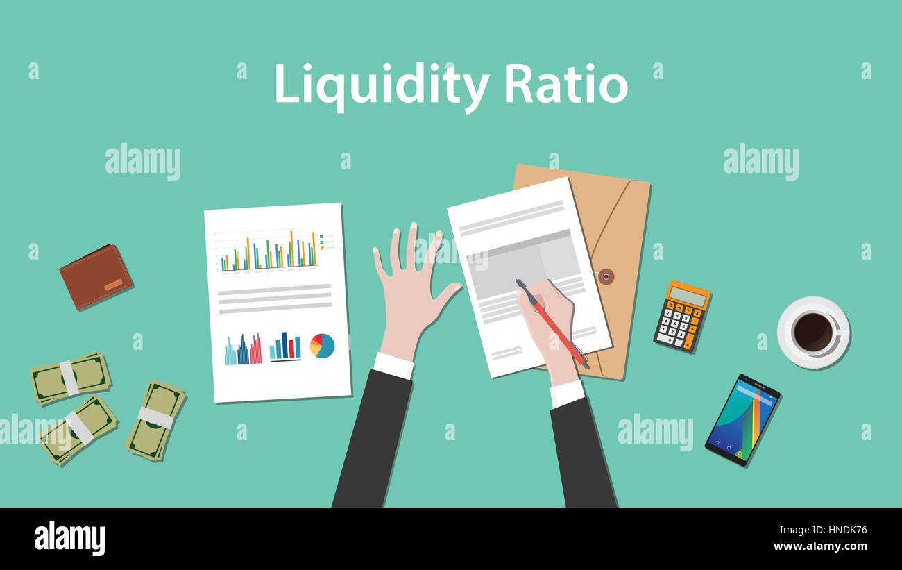 illustration of counting liquidity ratio with paperworks, calculator