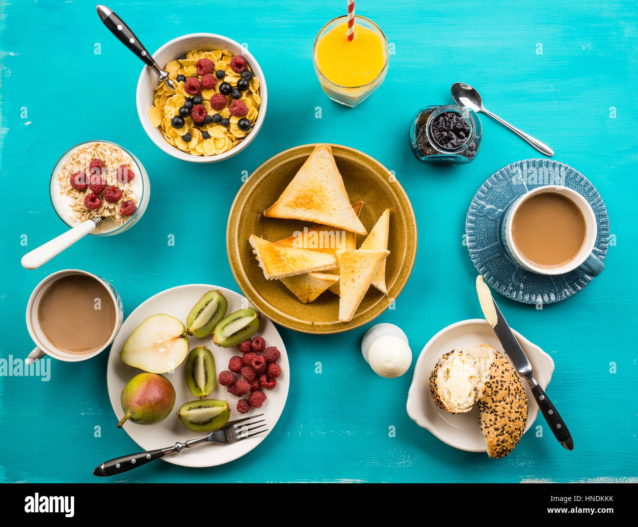 Breakfast table with various food Stock Photo Alamy