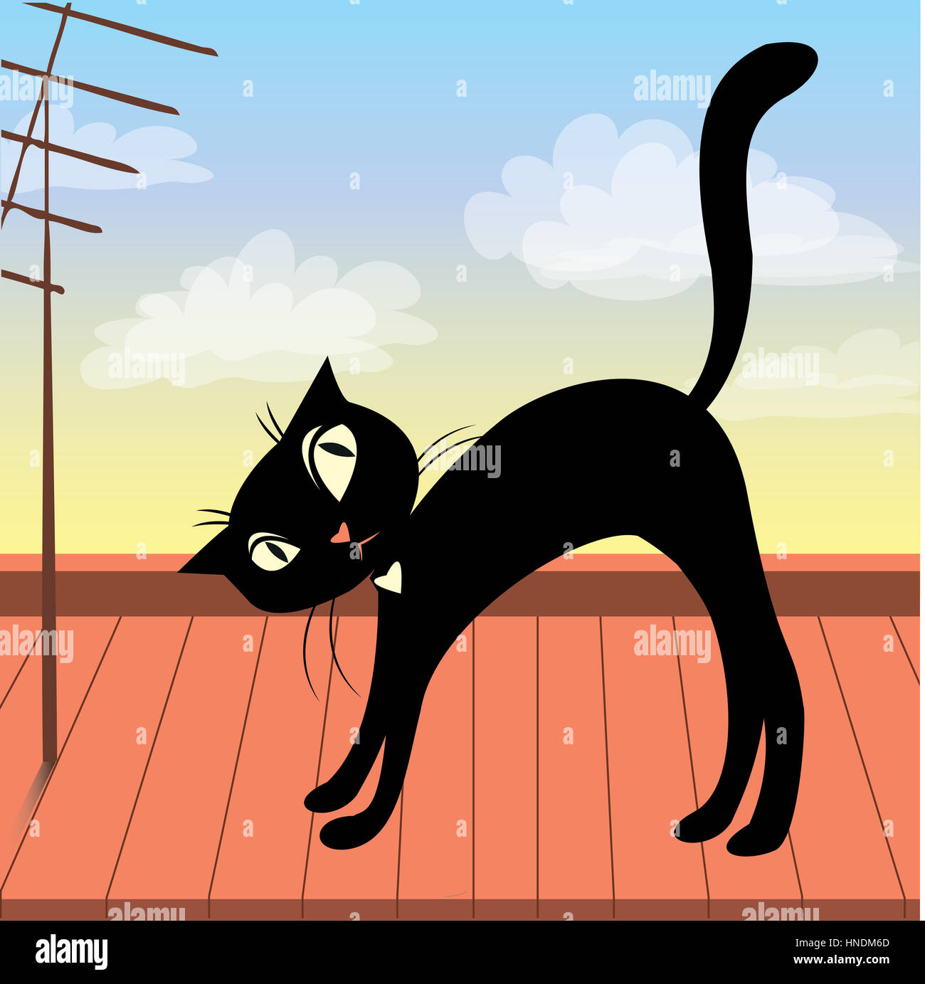 Cute black cat on the roof, illustration Stock Photo