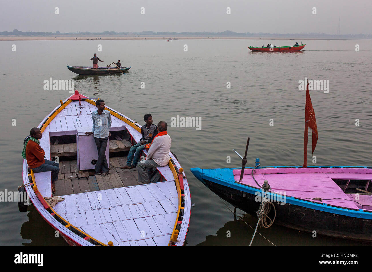 Panorama, panoramic, cityscape,Fishermen, in Ganges river, Varanasi, Uttar Pradesh, India. Stock Photo