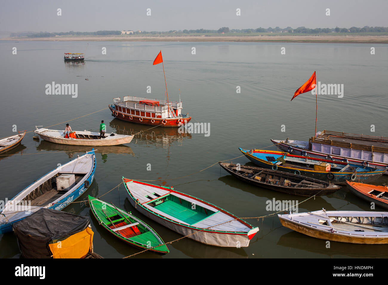 Panorama, panoramic, cityscape,Boats of Fishermen, in Ganges river, Varanasi, Uttar Pradesh, India. Stock Photo