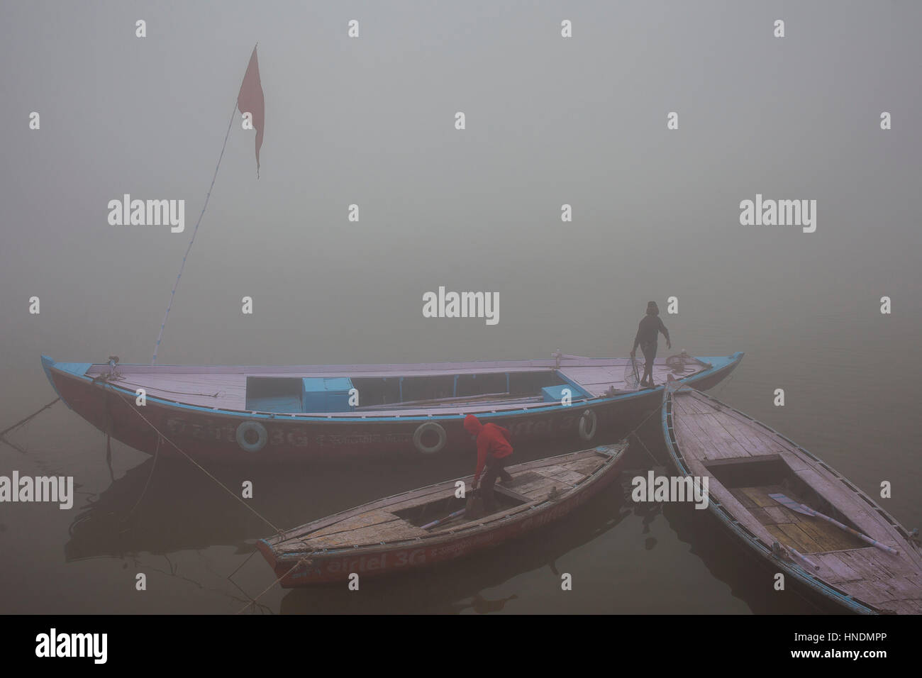 Fishermen, in Ganges river, Varanasi, Uttar Pradesh, India. Stock Photo