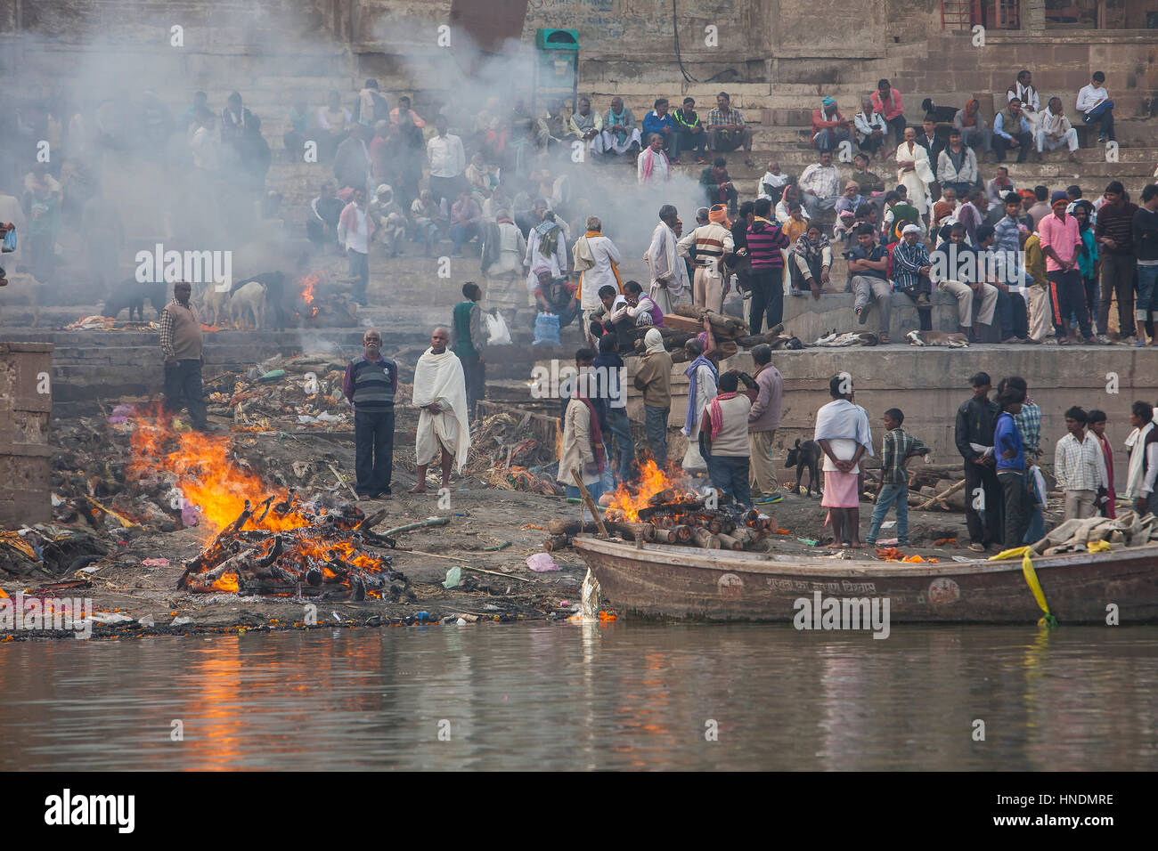 Landscape, panorama,panoramic,Harishchandra Ghat, a burning ghat, on the banks of Ganges river, Varanasi, Uttar Pradesh, India. Stock Photo