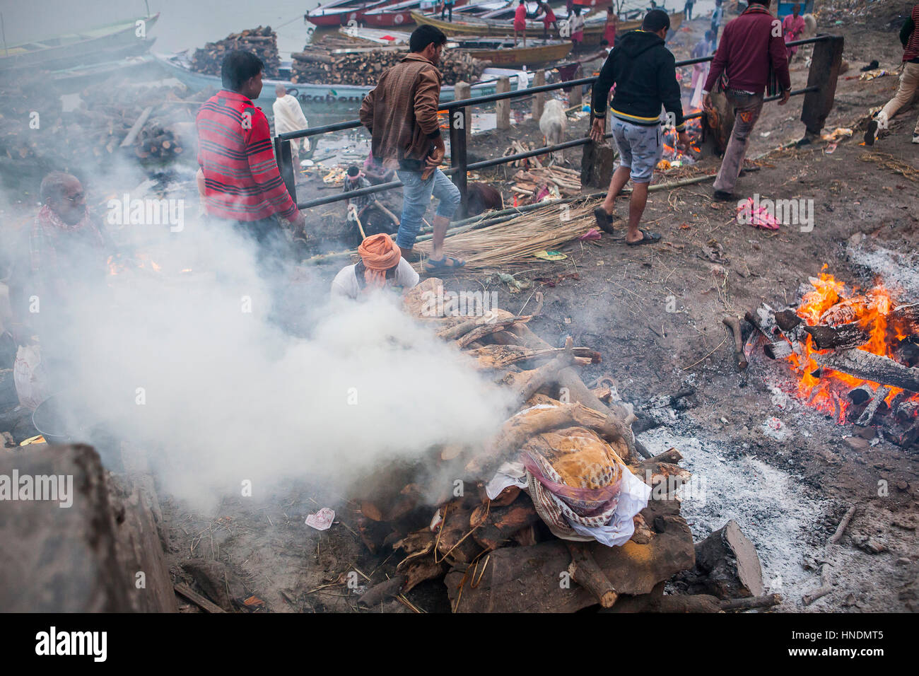 Cremation of a body, in Manikarnika Ghat, the burning ghat, on the banks of Ganges river