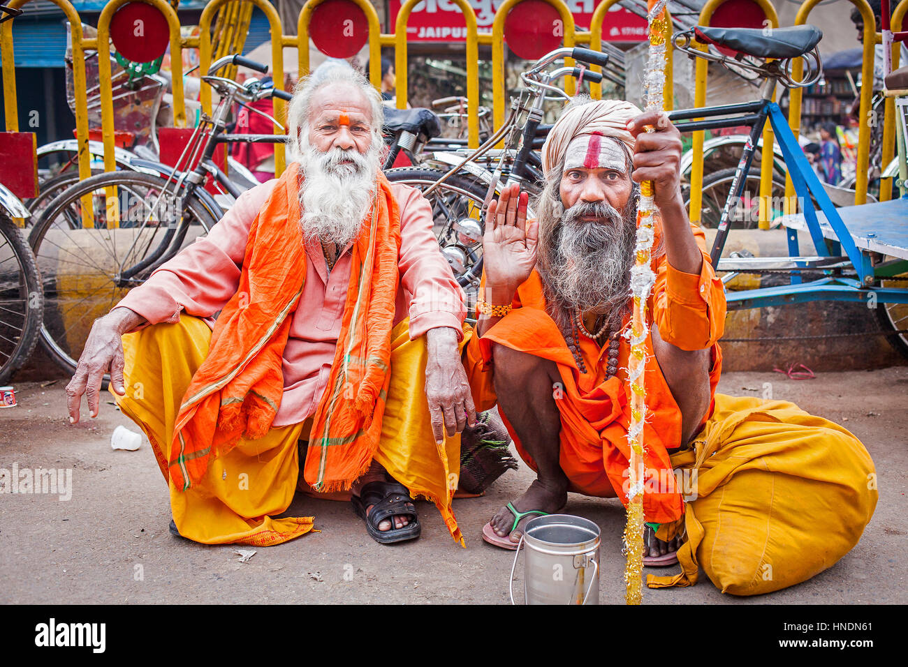 Sadhus begging, in Dashashwamedh Ghat Road , Varanasi, Uttar Pradesh Stock Photo