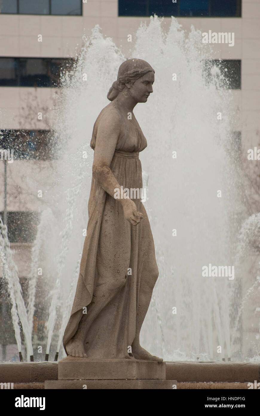 Statue and fountain in the Plaça de Catalunya in Barcelona Stock Photo