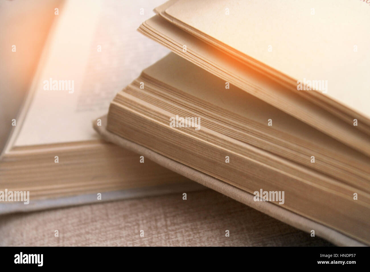 an open book in front of a girl, a girl reading a Russian writer's book War and Peace Stock Photo