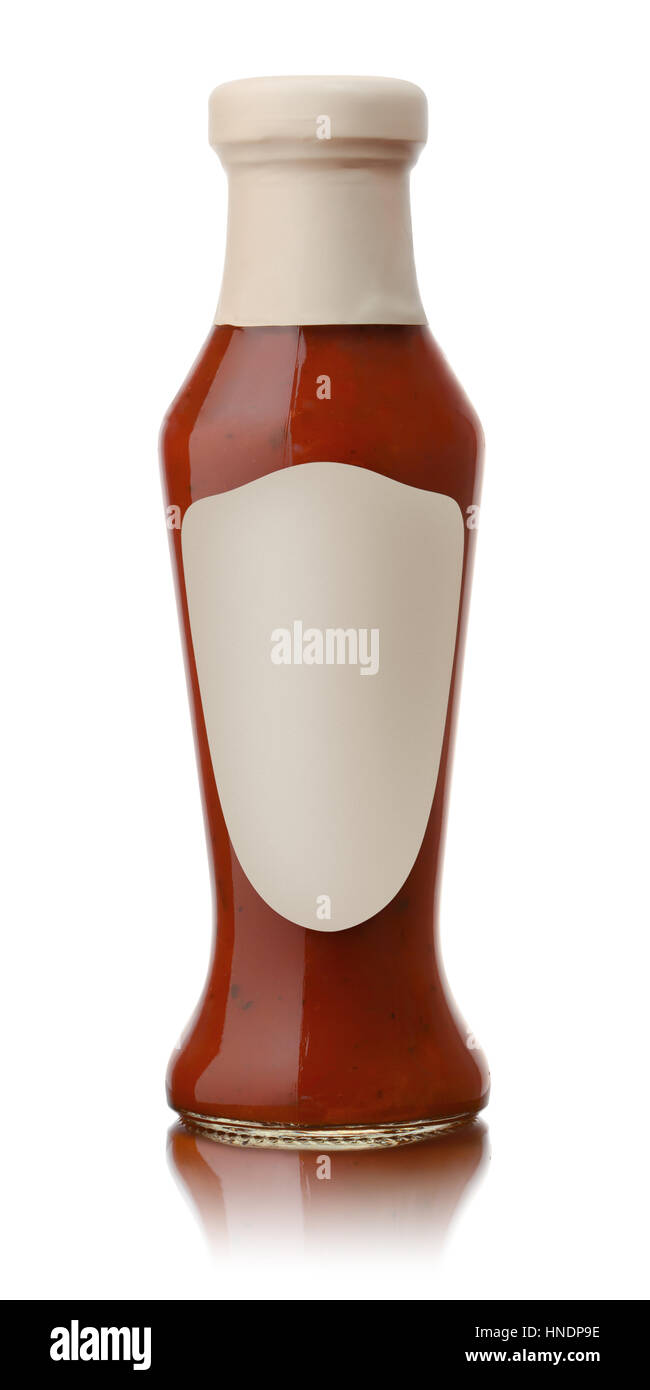 Glass bottle of hot tomato sauce with blank label isolated on white Stock Photo