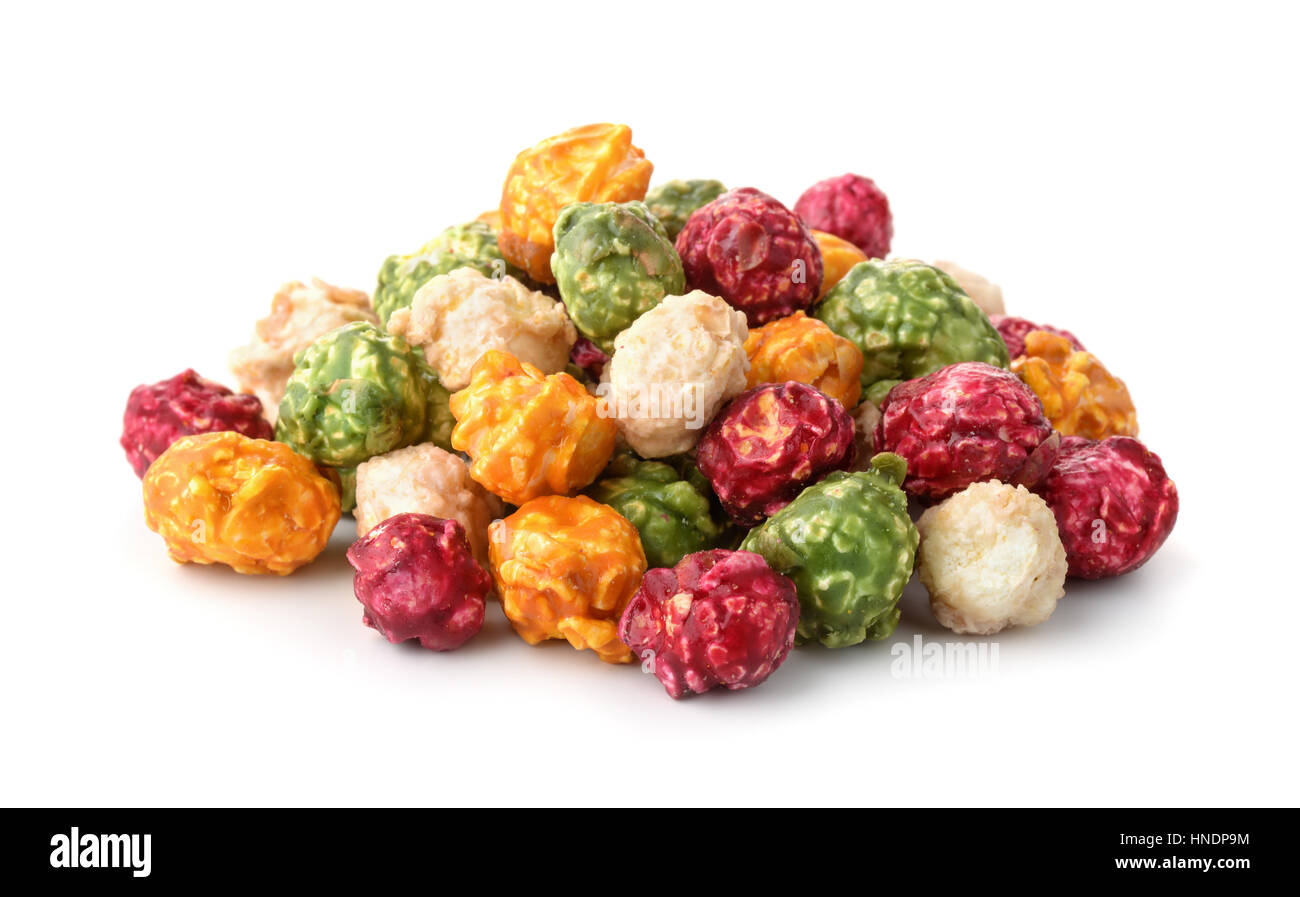 Pile of colorful popcorn isolated on white Stock Photo