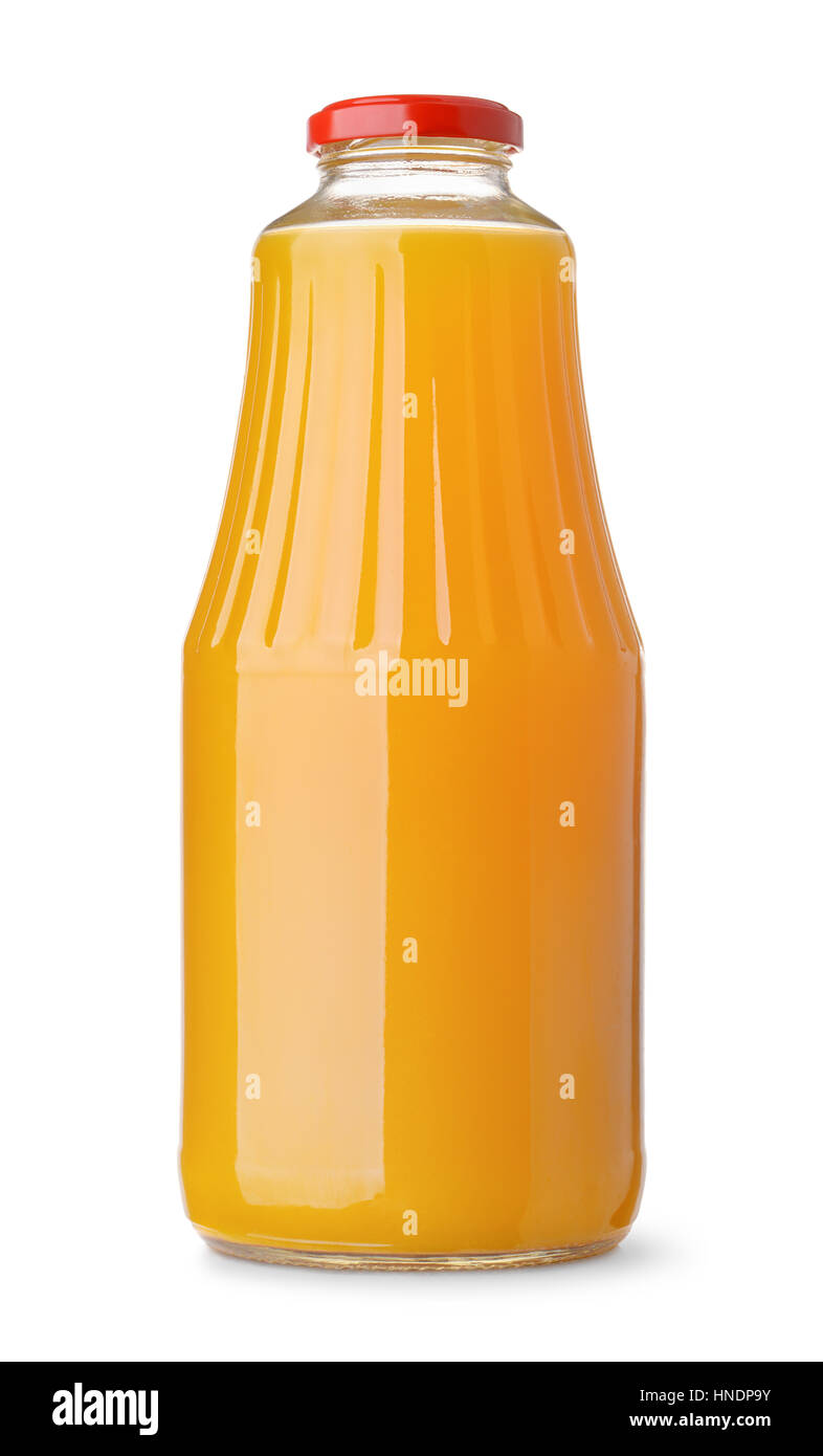 Glass bottle of pumpkin juice isolated on white Stock Photo