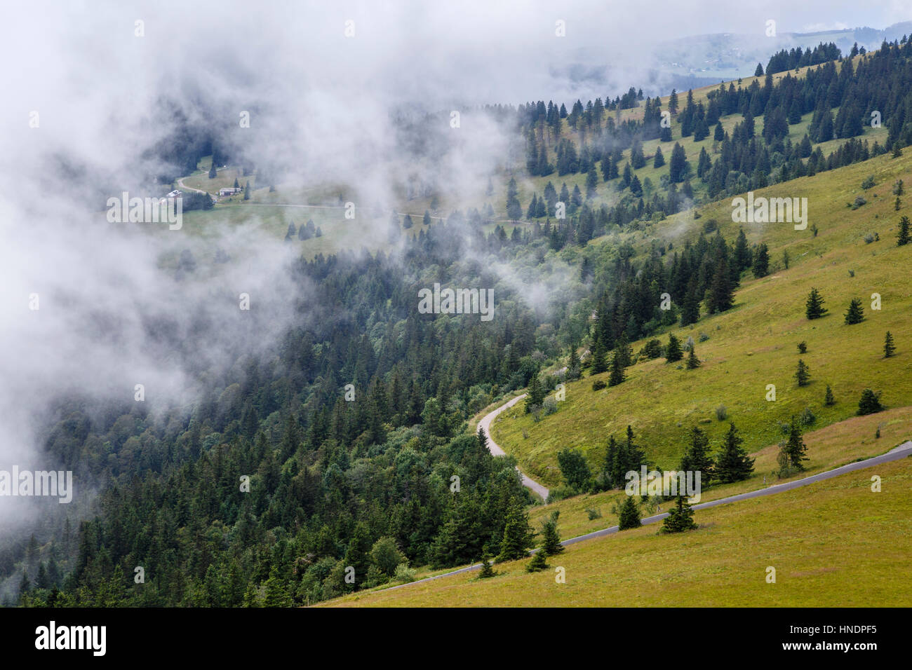 View from the Feldberg Tower as clouds clear, Black Forest, Germany Stock Photo