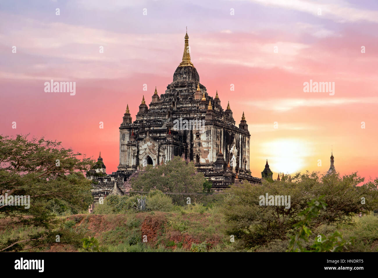 Shwe Sandaw Pagoda in Bagan at sunset in Myanmar Stock Photo