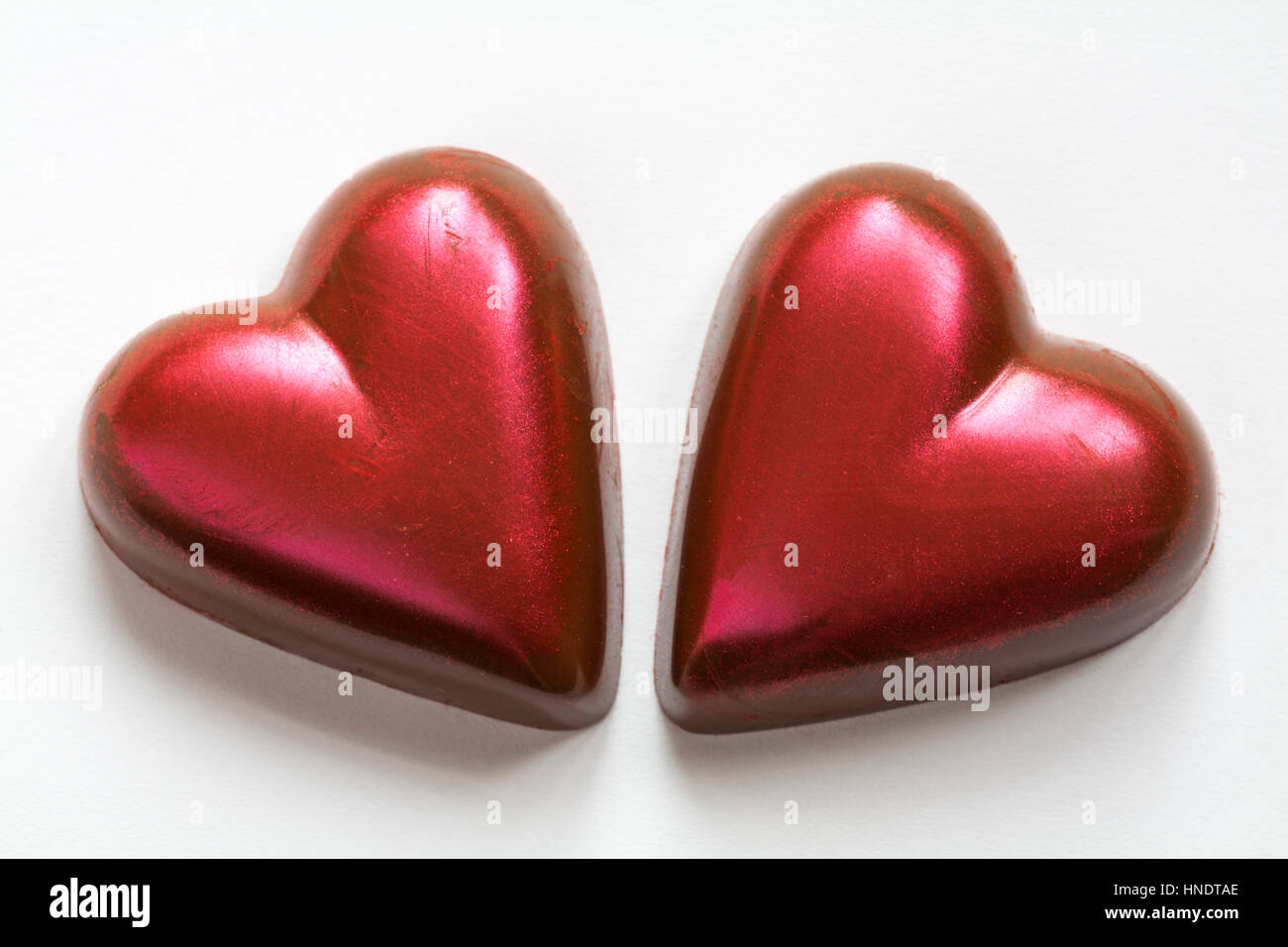 M&S chocolate hearts for Valentines day - two Dark torte heart chocolates, rich dark chocolate truffle centre encased in a crisp dark chocolate shell Stock Photo