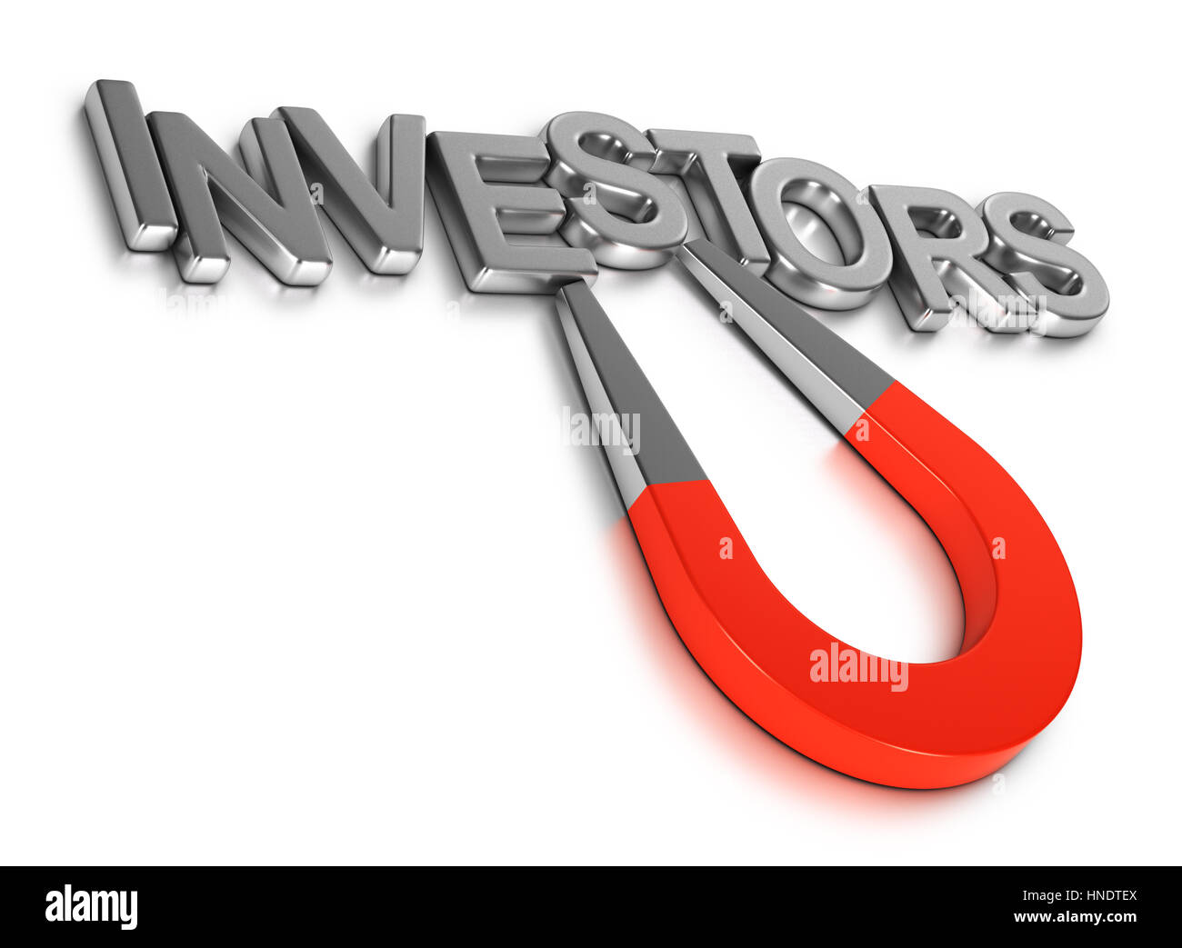 3D illustration of a magnet attracting the word investor.  Concept of finding investment over white background. Stock Photo
