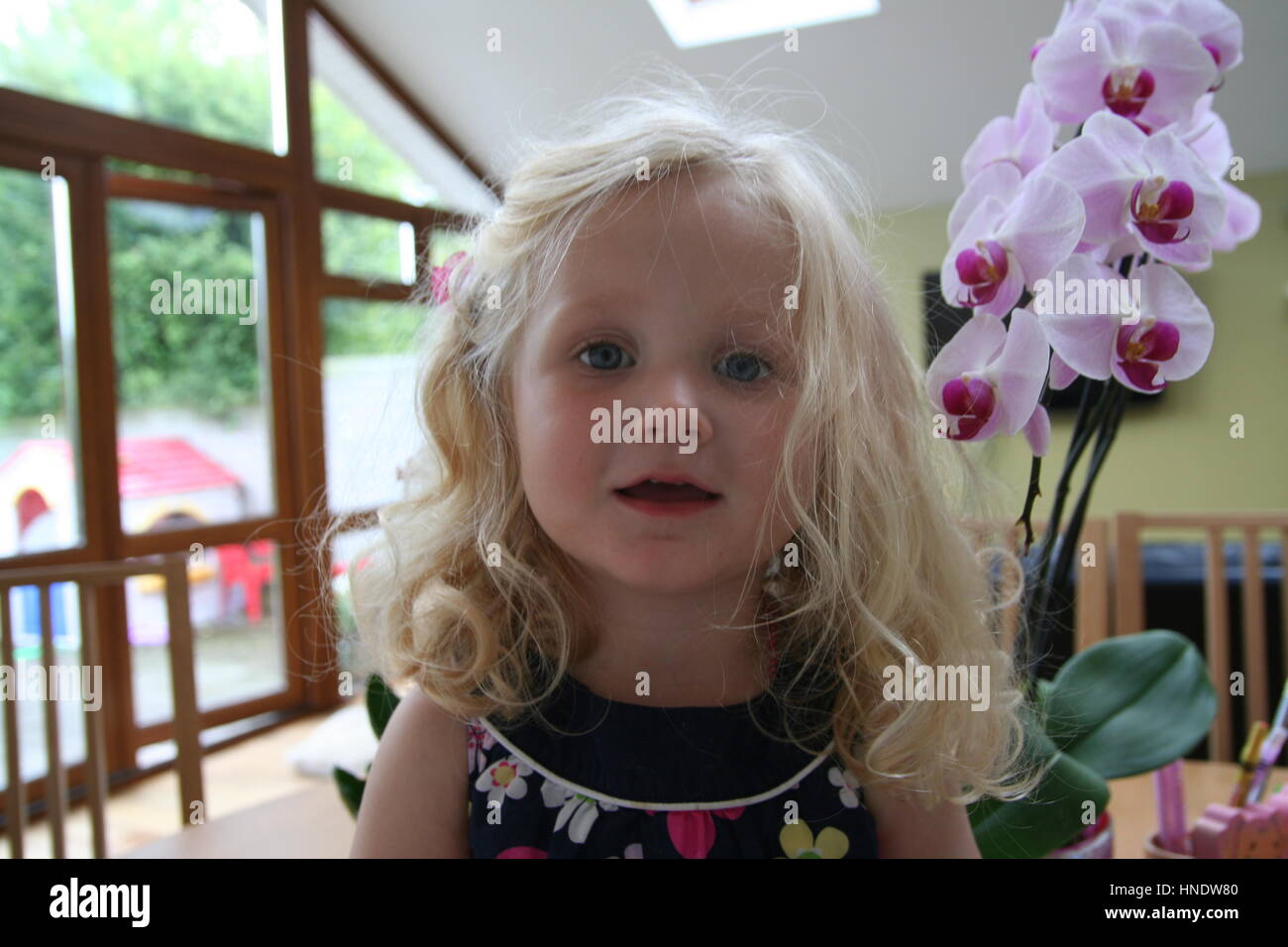 Little curly blonde girl kid toddler with long blonde curly hair smiling, beautiful blonde child, healthy baby, pretty innoncent innoncence concept Stock Photo