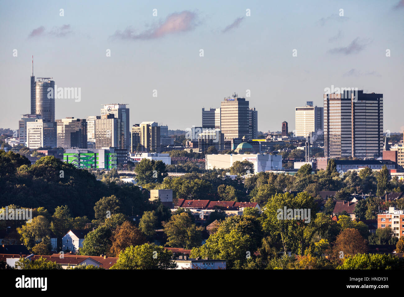 Panorama of the city center of Essen, Germany, Skyline, left the RWE tower, right the town hall, Stock Photo