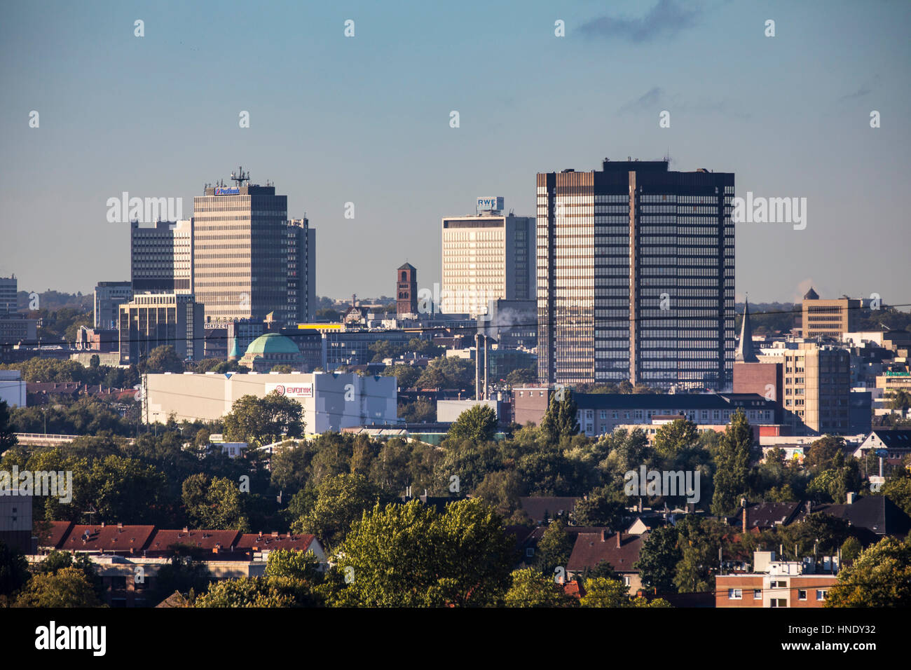 Panorama of the city center of Essen, Germany, Skyline,  right the town hall, Stock Photo