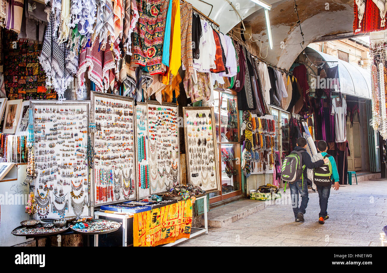 Children, friendship, Souk Arabic market in muslim Quarter, Old City, Jerusalem, Israel. Stock Photo