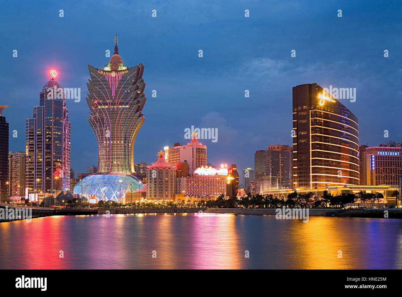 City Skyline with Bank of China Building, Grand Lisboa Hotel-Casino and Wynn Hotel-Casino,Macau,China Stock Photo