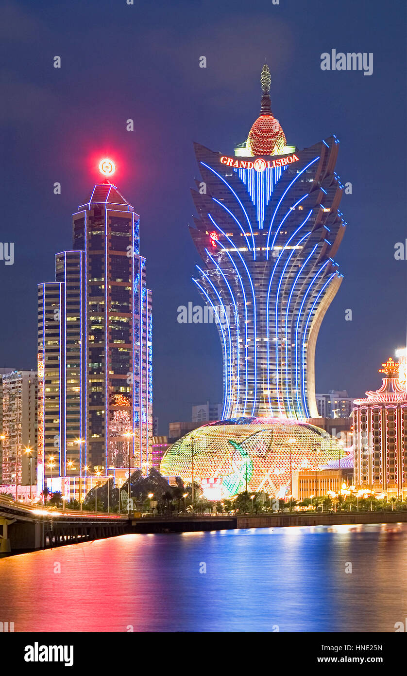 City Skyline with Bank of China Building and Grand Lisboa Hotel-Casino,Macau,China Stock Photo