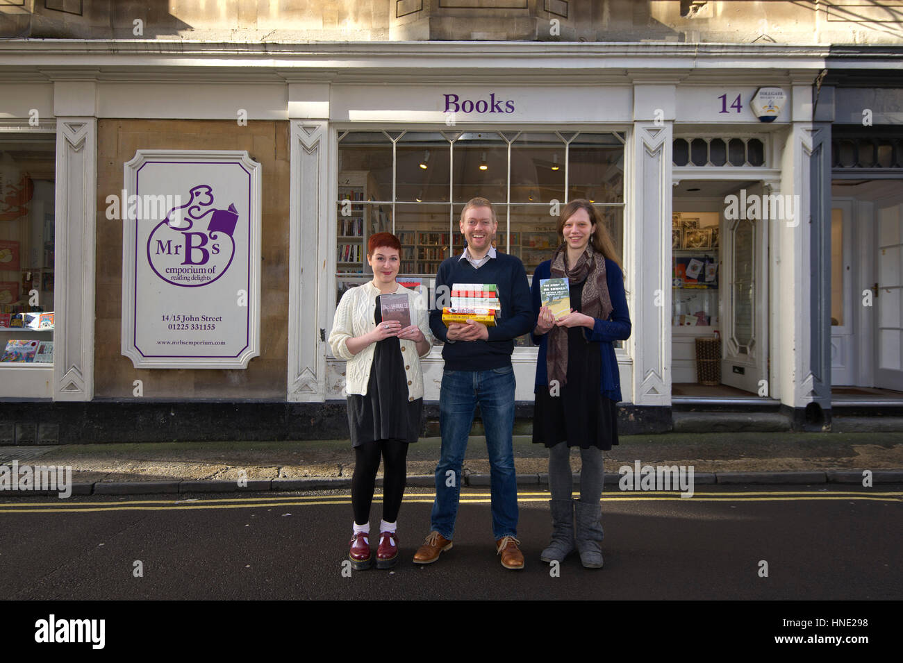 Mr.B's Emporium of Reading Delights, Bath with owner Nic Bottomley and Amy Coles (left) and Betsy Byers. Stock Photo